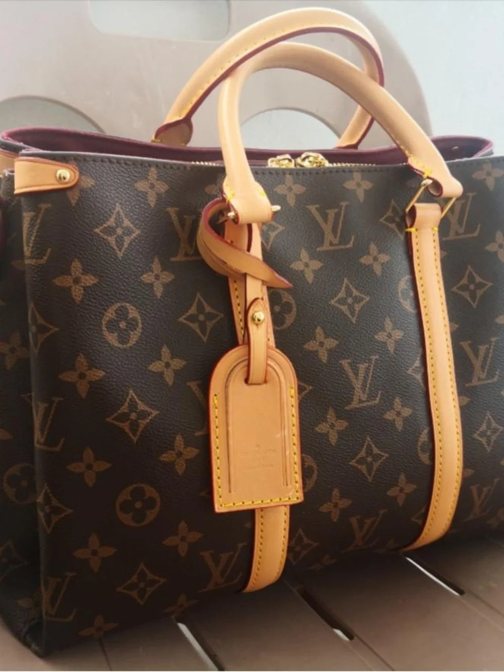 Louis Vuitton Brown Monogram Leather-Trim Satchel with Beige Handles